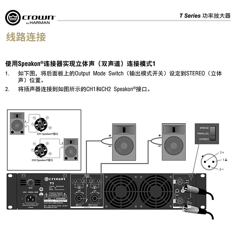 CROWN T 系列功放连接