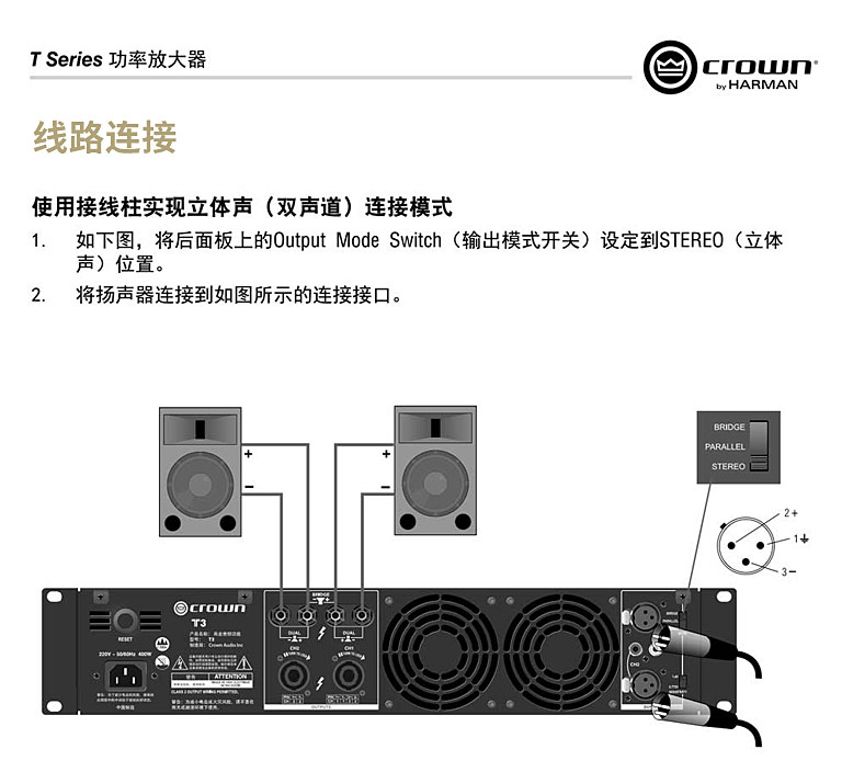 CROWN T 系列功放连接